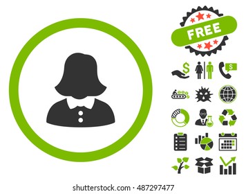 Woman icon with free bonus pictograph collection. Vector illustration style is flat iconic bicolor symbols, eco green and gray colors, white background.