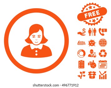 Woman icon with free bonus pictograph collection. Vector illustration style is flat iconic symbols, orange color, white background.