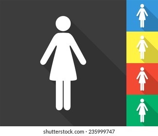 woman icon - gray and colored (blue, yellow, red, green) vector illustration with long shadow