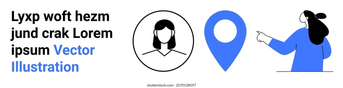 A woman icon, a large blue location pin, and a person pointing towards the pin. Ideal for navigation, user profile, location services, directions, and user interface design. Banner for landing page