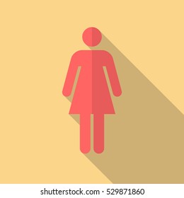 Woman icon with long shadow. Flat design style. Woman simple silhouette. Modern flat icon in stylish colors. Web site page and mobile app design vector element.