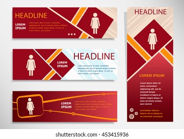 Woman icon on vector website headers, business success concept. Modern abstract flyer, banner.
