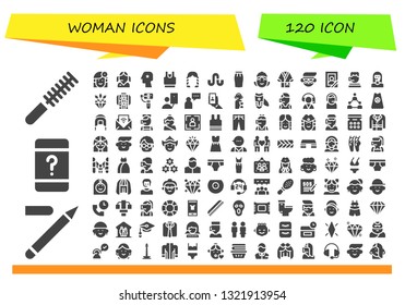 woman icon set. 120 filled woman icons.  Simple modern icons about  - Comb, Eyeliner, Customer service, Woman, Call center, Head, Clothes, Hairstyle, Stumbleupon, Skirt, Maid