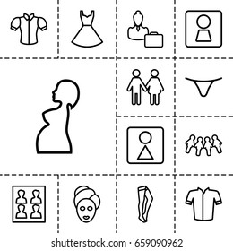 Woman icon. set of 13 outline womanicons such as woman wc, spa mask, female wc, tights, female underwear, jacket, blouse, dress, photo for passport, family