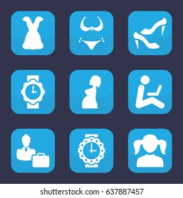 Woman icon. set of 9 filled woman icons such as girl, bikini, shoe, dress