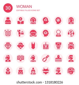 woman icon set. Collection of 30 filled woman icons included Dress, Economist, Call center, Head, Dance, Businesswoman, Avatar, Groom, Heisenberg, Body, Jacket, Toilet, Lectern