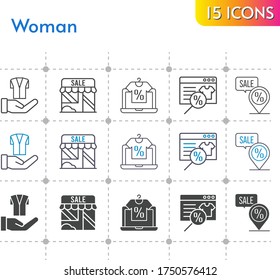woman icon set. included online shop, shop, jacket, placeholder icons on white background. linear, bicolor, filled styles.