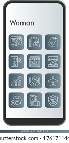 woman icon set. included online shop, shopping bag, handshake, profits, shop, money, towel, voucher, chat, price tag, warranty, discount icons on phone design background . linear styles.