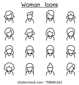 Woman icon set in thin line style