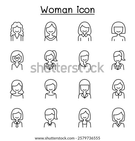 Woman icon set in thin line style