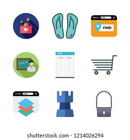 woman icon set. vector set about shopping cart, donation, hand bag and flip flops icons set.