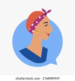 Woman icon social media vector illustration. Speak sign, chatting symbol for girl. Female profile with piercing avatar portrait. Lady symbol for network. Face of young person for user.  