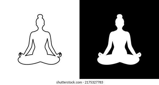 Woman icon in yoga lotus position. Symbol in two versions: black outline and white silhouette.Vector illustration, flat design