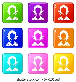 Woman icons of 9 color set isolated vector illustration