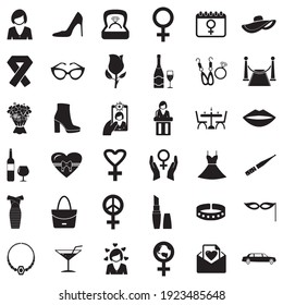 Woman Icons. Black Flat Design. Vector Illustration.