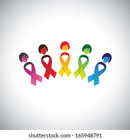 woman icons with colorful cancer prevention bows - concept vector. This graphic contains woman's body as cancer ribbon bow & a female face indicating protection & safeguarding against breast cancer