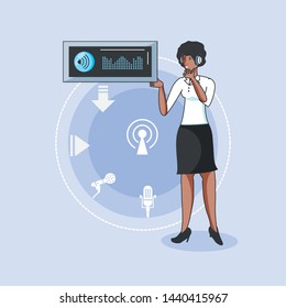 woman with icons of digital audio studio