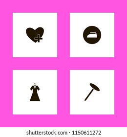 woman icons. evening dress, iron, favorites and nail vector icons set