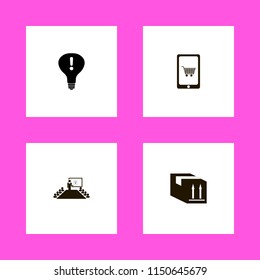 woman icons. parcel box, mobile shopping, present new idea and attention sign bulb vector icons set