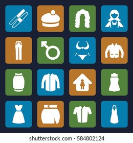woman icons set. Set of 16 woman filled icons such as hairstyle, bikini, sawing, maid, dress, jacket, skirt