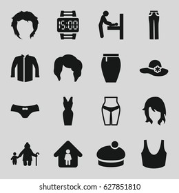 Woman icons set. set of 16 woman filled icons such as baby changing room, hairstyle, female underwear, sport bra, jacket, skirt, dress, man in home, wrist dial watch