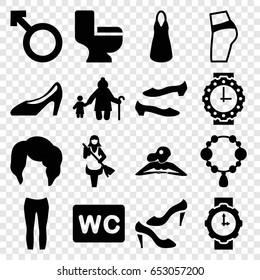 Woman icons set. set of 16 woman filled icons such as necklace, wc, maid, shoe, dress, toilet