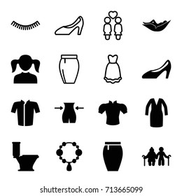 Woman icons set. set of 16 woman filled and outline icons such as girl, necklace, slim, toilet, jacket, blouse, dress, skirt, eyelash, women couple