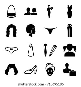 Woman icons set. set of 16 woman filled and outline icons such as girl, hairstyle, spa mask, hair barrette, casino girl, female underwear, bag, dress