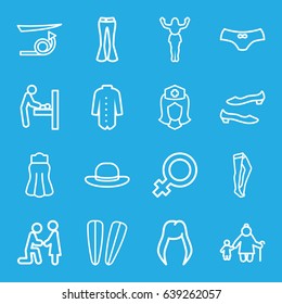 Woman icons set. set of 16 woman outline icons such as baby changing room, female, straight hair, hair barrette, tights, shoe, female underwear, skirt, jacket, nurse - Shutterstock ID 639262057
