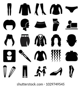 Woman icons. set of 25 editable filled woman icons such as man wc, hair barrette, tights, sweater, blouse, skirt, purse, face, curly hair, hairstyle, nail sawing