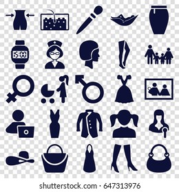 Woman icons set. set of 25 woman filled icons such as female, girl, slim, nail sawing, tights, dress, bag, skirt, jacket, man with laptop, hair, nurse, face, wrist dial watch