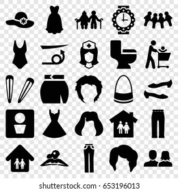 Woman icons set. set of 25 woman filled icons such as man wc, straight hair, hairstyle, hair barrette, shoe, bag, skirt, dress, toilet, nurse, family home, family house