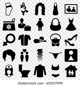 Woman icons set. set of 25 woman filled icons such as female, curly hair, hairstyle, make up bag, toilet, female wc, maid, shoe, female underwear, dress, sweater, jacket, bag