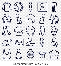 Woman icons set. set of 25 woman outline icons such as girl, hairstyle, spa mask, slim, tights, shoe, sport bra, sweater, skirt, man with laptop, dress, wrist dial watch
