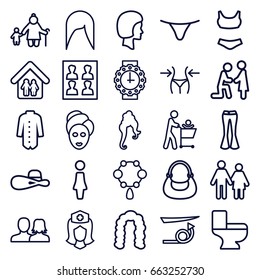 Woman icons set. set of 25 woman outline icons such as straight hair, hairstyle, necklace, spa mask, slim, female underwear, bag, jacket, toilet, nurse, photo for passport