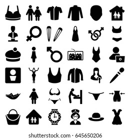 Woman icons set. set of 36 woman filled icons such as man wc, baby changing room, face, female, bikini, slim, nail sawing, hair barrette, female underwear, sport bra, dress