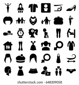 Woman icons set. set of 36 woman filled icons such as man wc, baby changing room, female, girl, curly hair, straight hair, necklace, casino girl, female underwear, dress
