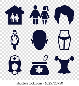 Woman icons. set of 9 editable filled woman icons such as woman hairstyle, blouse, family house, waist fitness, nurse, face, make up bag, maid