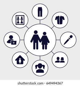Woman icons set. set of 9 woman filled icons such as girl, nail sawing, jacket, man in home, man with laptop, photo for passport