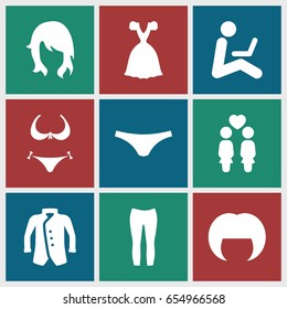Woman icons set. set of 9 woman filled icons such as bikini, female underwear, dress, jacket, women couple