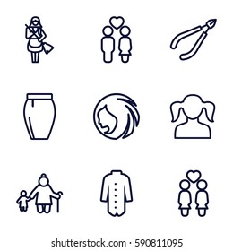 woman icons set. Set of 9 woman outline icons such as girl, maid, skirt, jacket, women couple