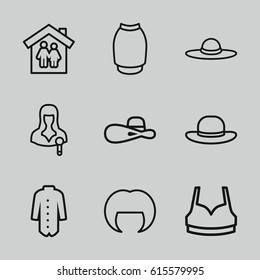 Woman icons set. set of 9 woman outline icons such as sport bra, skirt, jacket