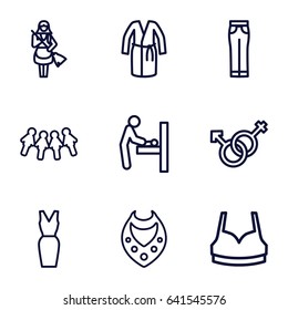 Woman icons set. set of 9 woman outline icons such as baby changing room, necklace, maid, sport bra, dress, woman pants, male and female
