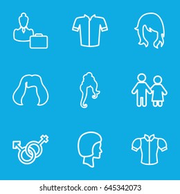Woman icons set. set of 9 woman outline icons such as hairstyle, jacket, blouse, male and female, face