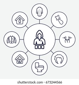 Woman icons set. set of 9 woman outline icons such as hairstyle, slim, hair barrette, casino girl, jacket, man in home, toilet