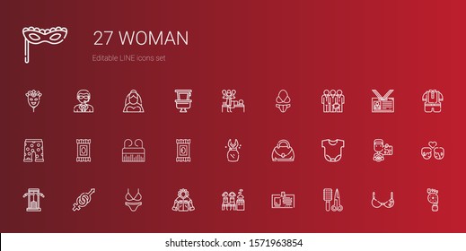 woman icons set. Collection of woman with comb, id card, women only, jacket, bikini, gender, gym station, body, hand bag, dress, makeup remover wipes. Editable and scalable woman icons.