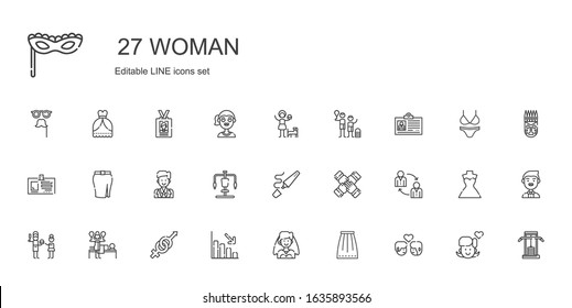 woman icons set. Collection of woman with couple, skirt, bride, loss, gender, massage, father, teamwork, highlighter, gym station, groom, id card. Editable and scalable woman icons.