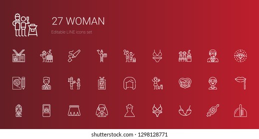 woman icons set. Collection of woman with hammock, bikini, wedding dress, bride, skirt, engagement ring, stewardess, frame, girl, wig, id card. Editable and scalable woman icons.