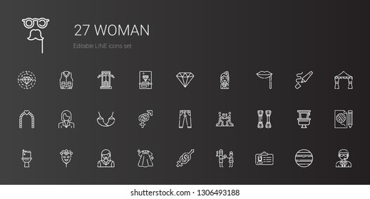 woman icons set. Collection of woman with id card, father, gender, dress, mask, toilet, chest expander, teamwork, jeans, hammock, businesswoman. Editable and scalable woman icons.