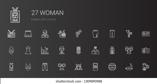 woman icons set. Collection of woman with venus, engagement ring, teamwork, face mask, jeans, bikini, sportswear, id card, mask, groom, loss. Editable and scalable woman icons.